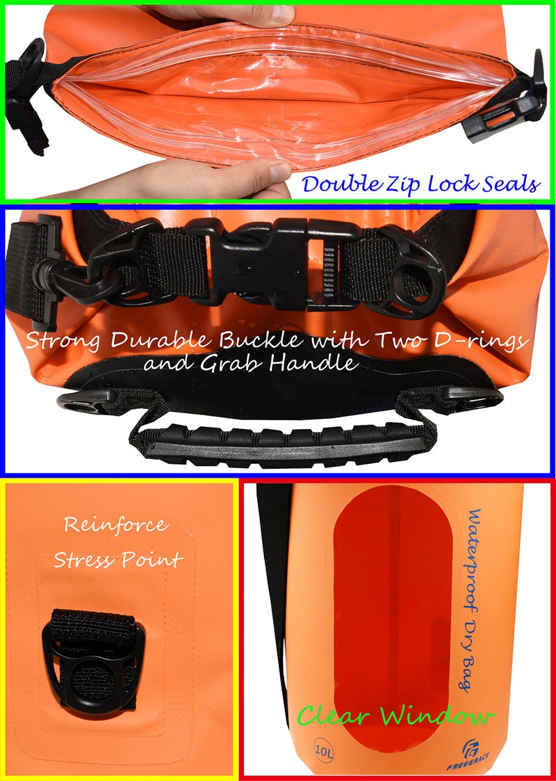 Freegrace Waterproof Dry Bags Set of 3 Dry Bag with 2 Zip Lock Seals & Detachable Shoulder Strap, Waist Pouch & Phone Case - Can Be Submerged Into Water - for Swimming (Orange(Window), 20L) - Image 3